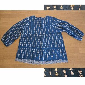 Teal Blue Cotton Bohemian Embroidered Eyelet  blouse XL